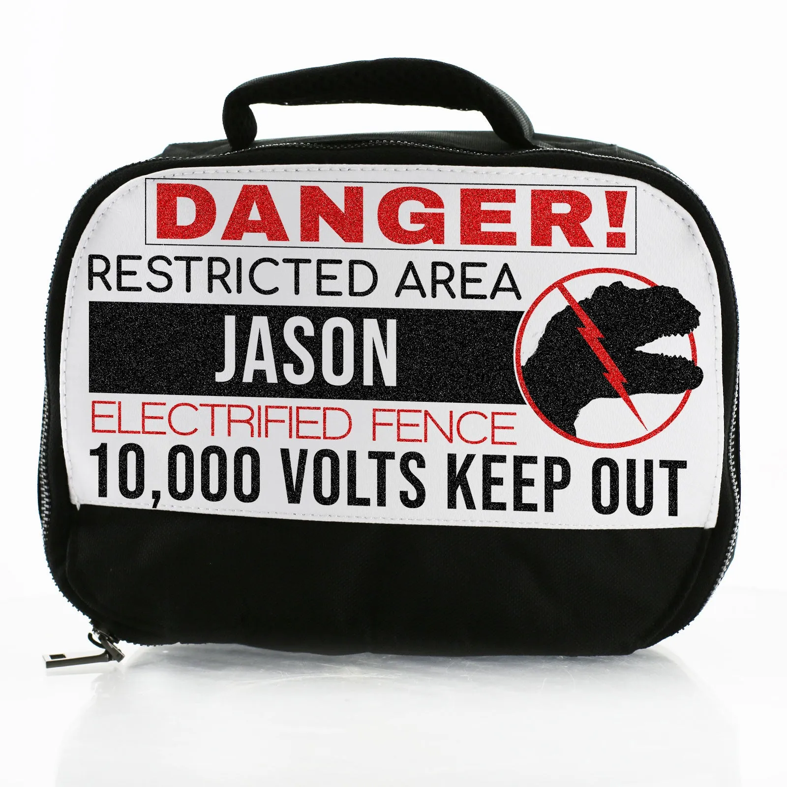 Personalised Lunch Bag with Danger Dinosaur & Text