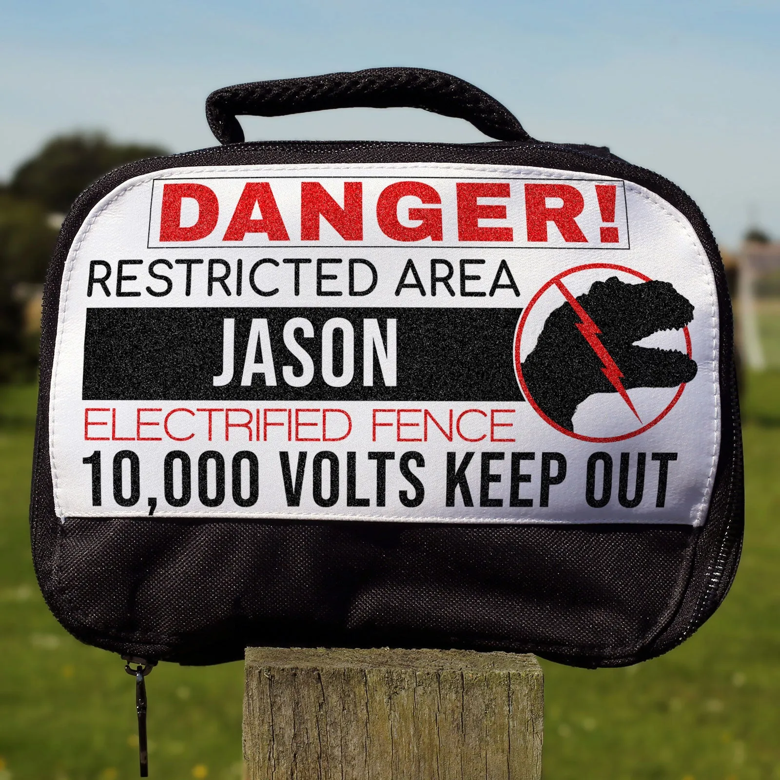 Personalised Lunch Bag with Danger Dinosaur & Text