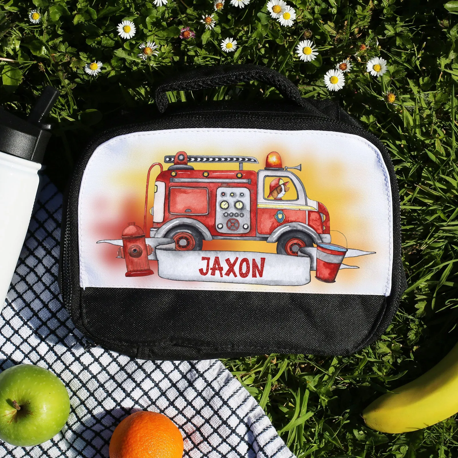 Personalised Lunch Bag with Fire Engines & Text