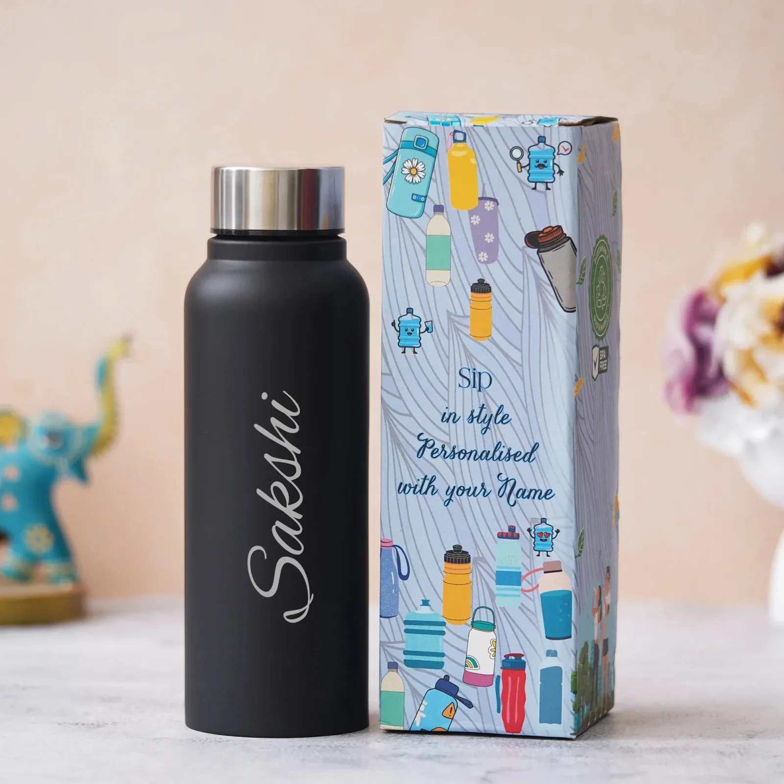 Personalized Perfect Unisex Money Clip and Classy Water Bottle - Black