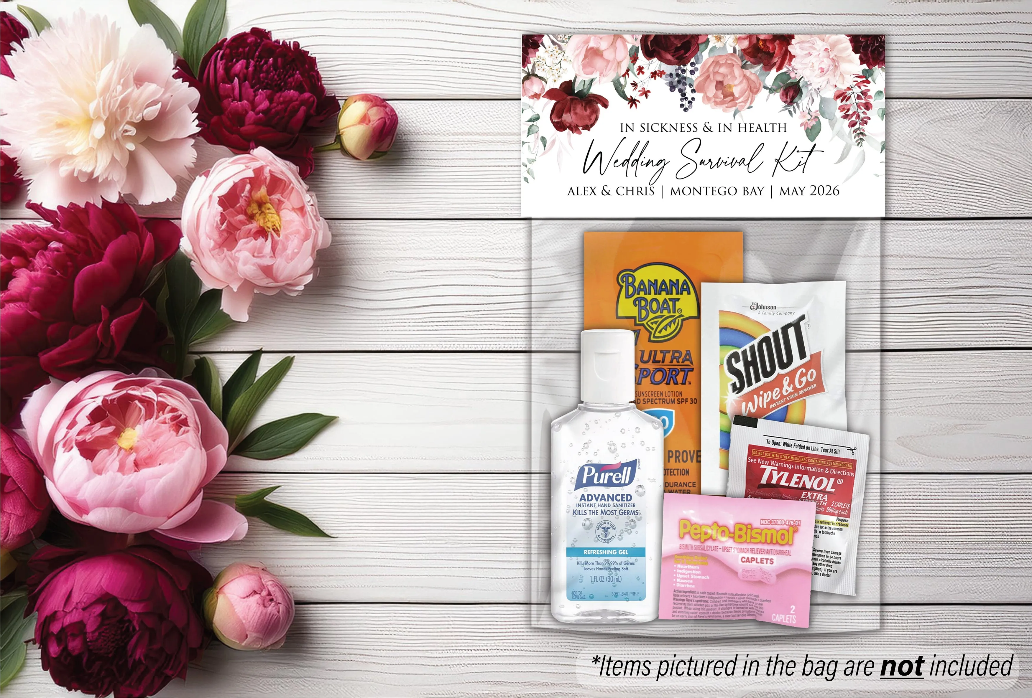 Personalized Wedding Hangover Recovery Kit Bag & Topper - Peonies