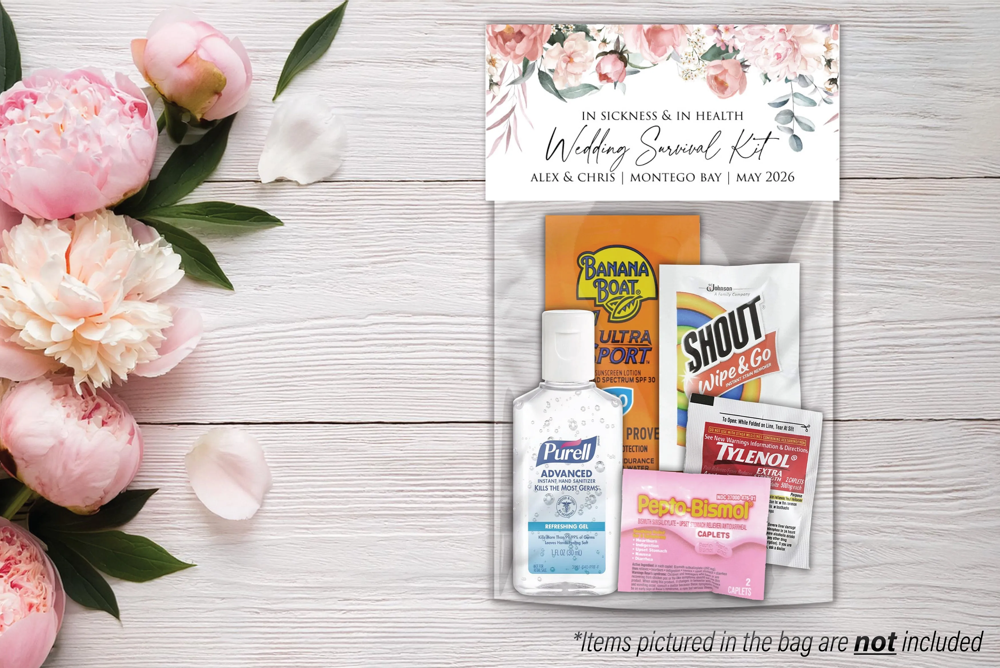Personalized Wedding Hangover Recovery Kit Bag & Topper - Peonies