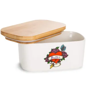 Porcelain Ceramic Butter Dish With Lid, Large Butter Keeper Fits 2 Butter Sticks Airtight Seal, Durable, Butter Container Box Holder Tray for Kitchen Table, Fridge Counter Standard Size (Heart Tattoo)