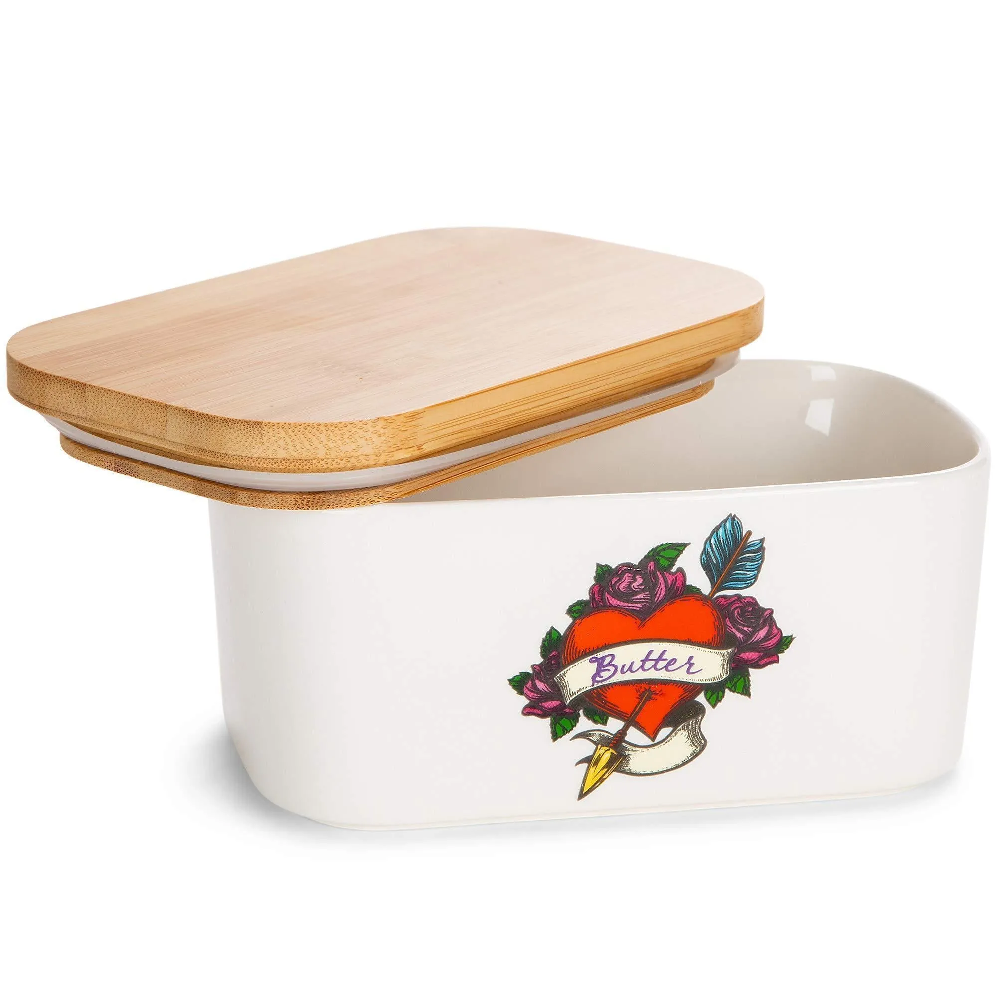 Porcelain Ceramic Butter Dish With Lid, Large Butter Keeper Fits 2 Butter Sticks Airtight Seal, Durable, Butter Container Box Holder Tray for Kitchen Table, Fridge Counter Standard Size (Heart Tattoo)