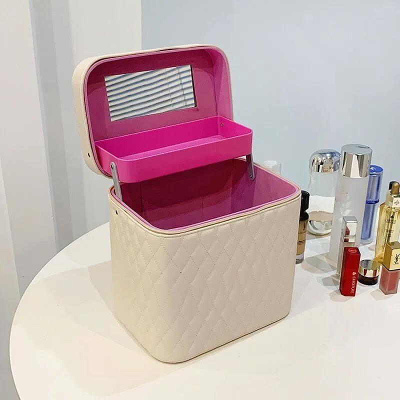 Portable Cosmetic Bag With Mirror Design Fashion Rhombus-Embroidery Double-layer Suitcase Large Capacity Make-up Storage Bags For Women