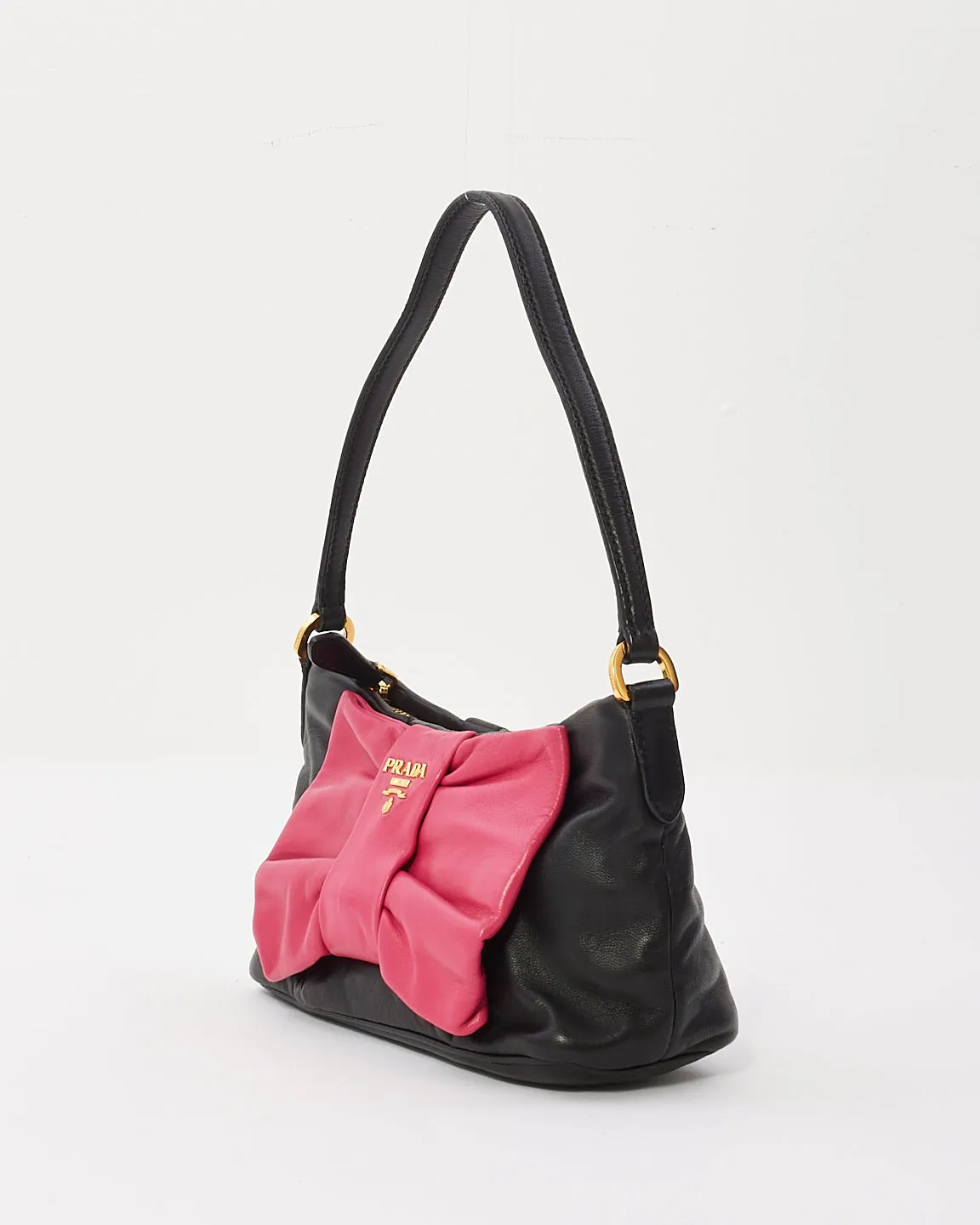 Prada Black & Pink Leather Nappa Fiocco Small Bow Shoulder Bag