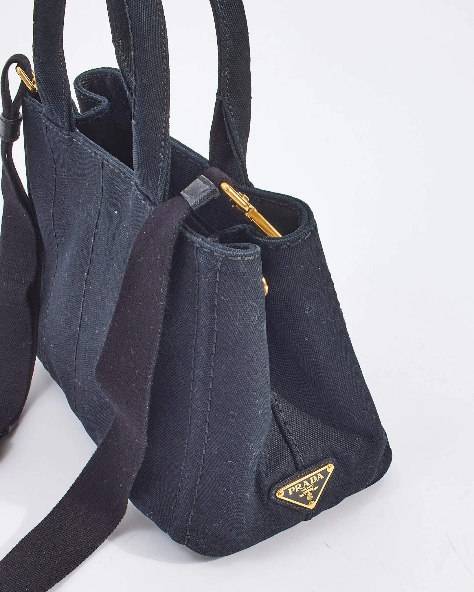 Prada Black Cotton Canvas Logo Small Canapa Tote with Strap