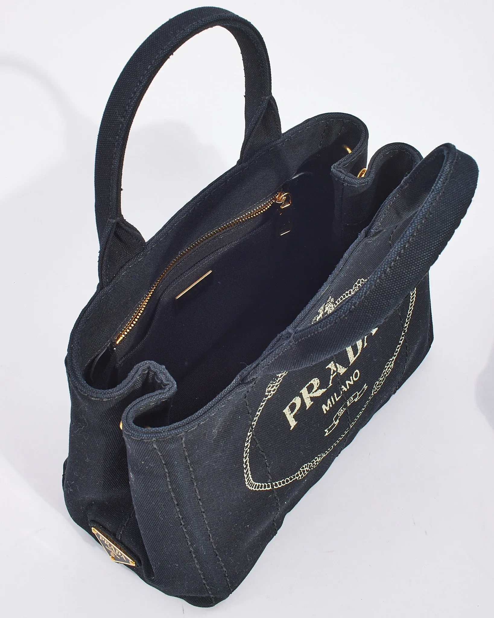 Prada Black Cotton Canvas Logo Small Canapa Tote with Strap