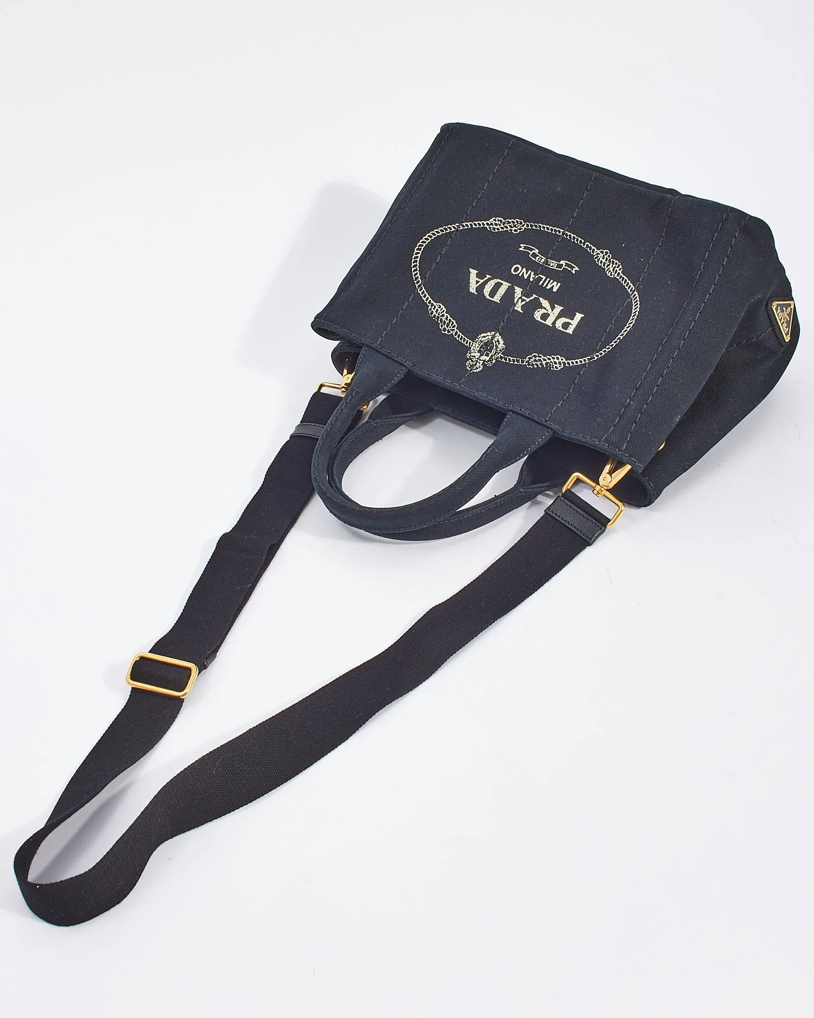 Prada Black Cotton Canvas Logo Small Canapa Tote with Strap