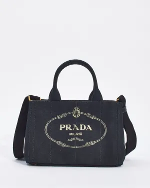 Prada Black Cotton Canvas Logo Small Canapa Tote with Strap