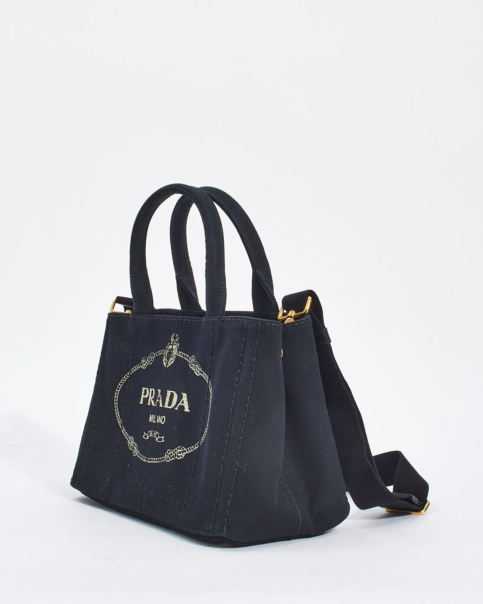 Prada Black Cotton Canvas Logo Small Canapa Tote with Strap