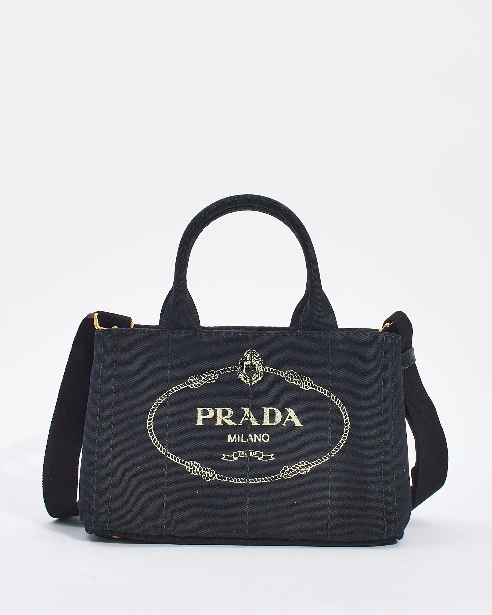 Prada Black Cotton Canvas Logo Small Canapa Tote with Strap