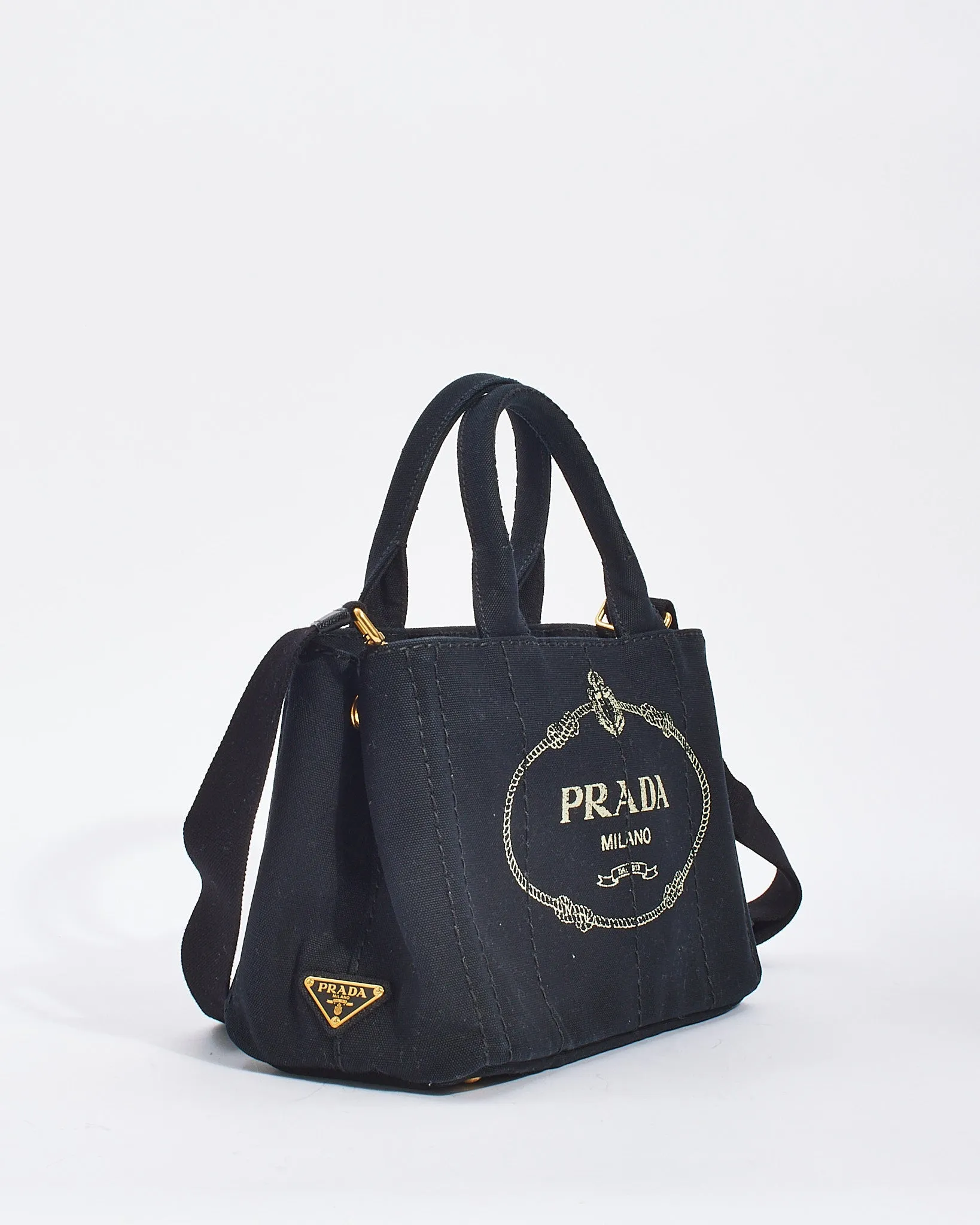 Prada Black Cotton Canvas Logo Small Canapa Tote with Strap
