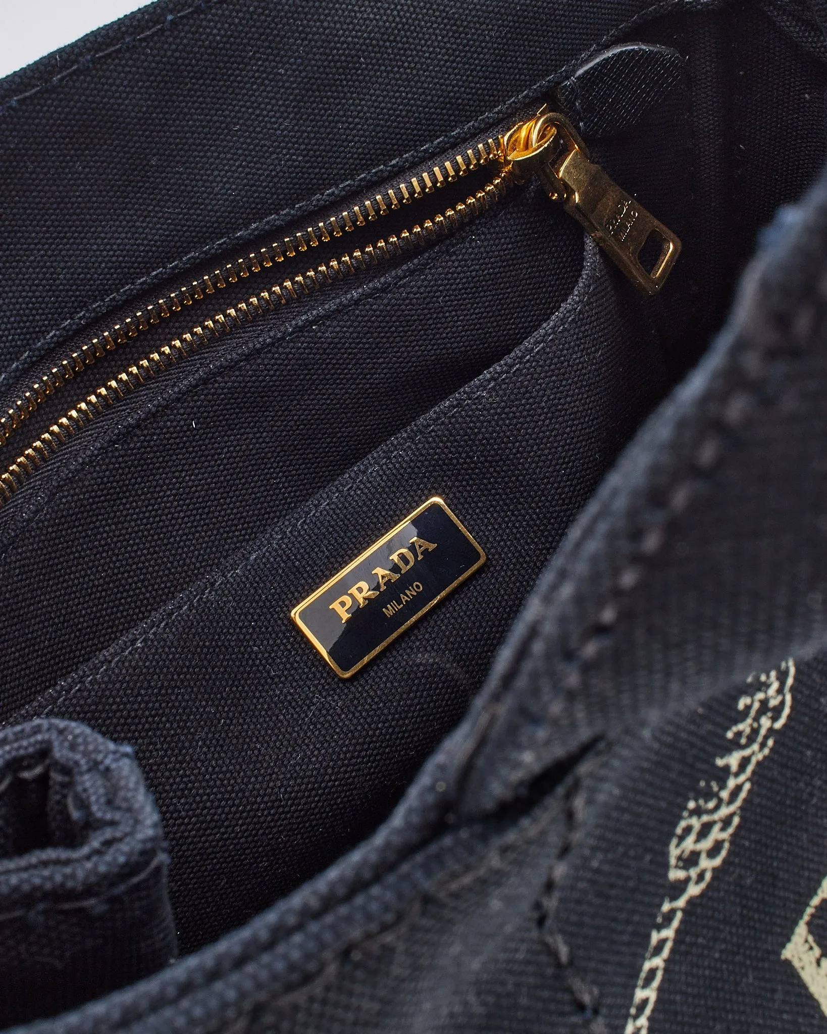 Prada Black Cotton Canvas Logo Small Canapa Tote with Strap