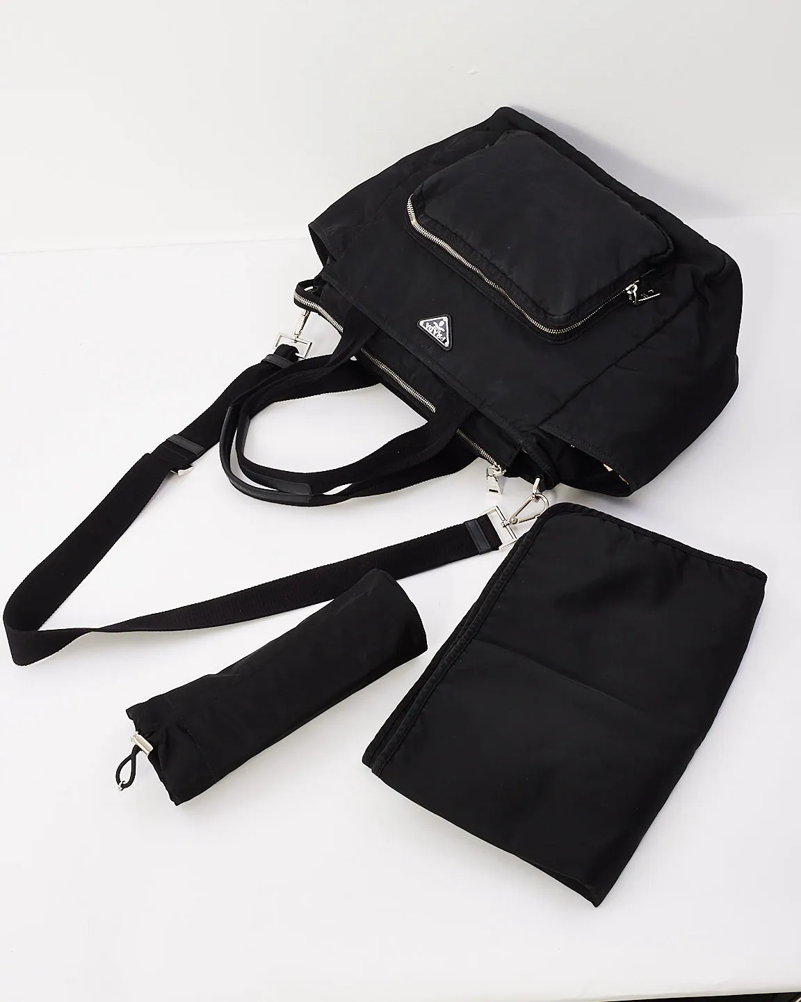 Prada Black Nylon Saffiano Trimmed Tessuto Diaper Bag with Strap