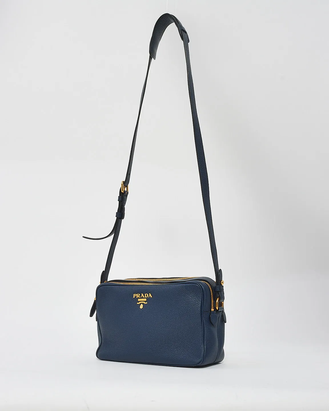 Prada Blue Grained Leather Vitello Daino Camera Bag