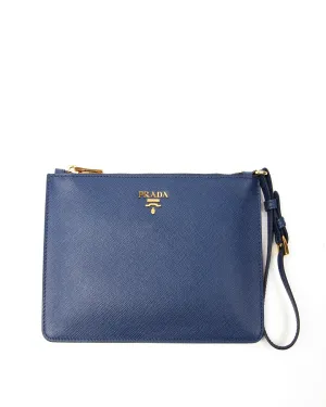 Prada Bluette Saffiano Leather Wristlet Clutch