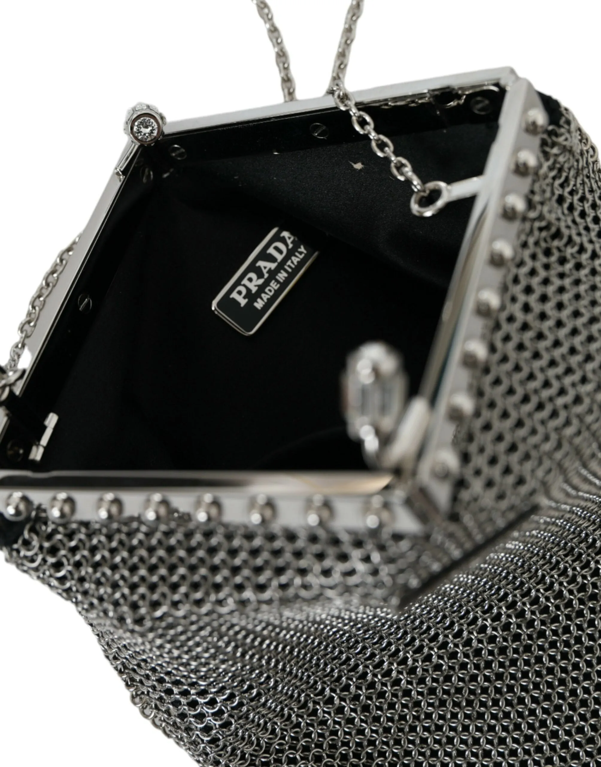 Prada Elegant Mesh Shoulder Evening Silver Bag
