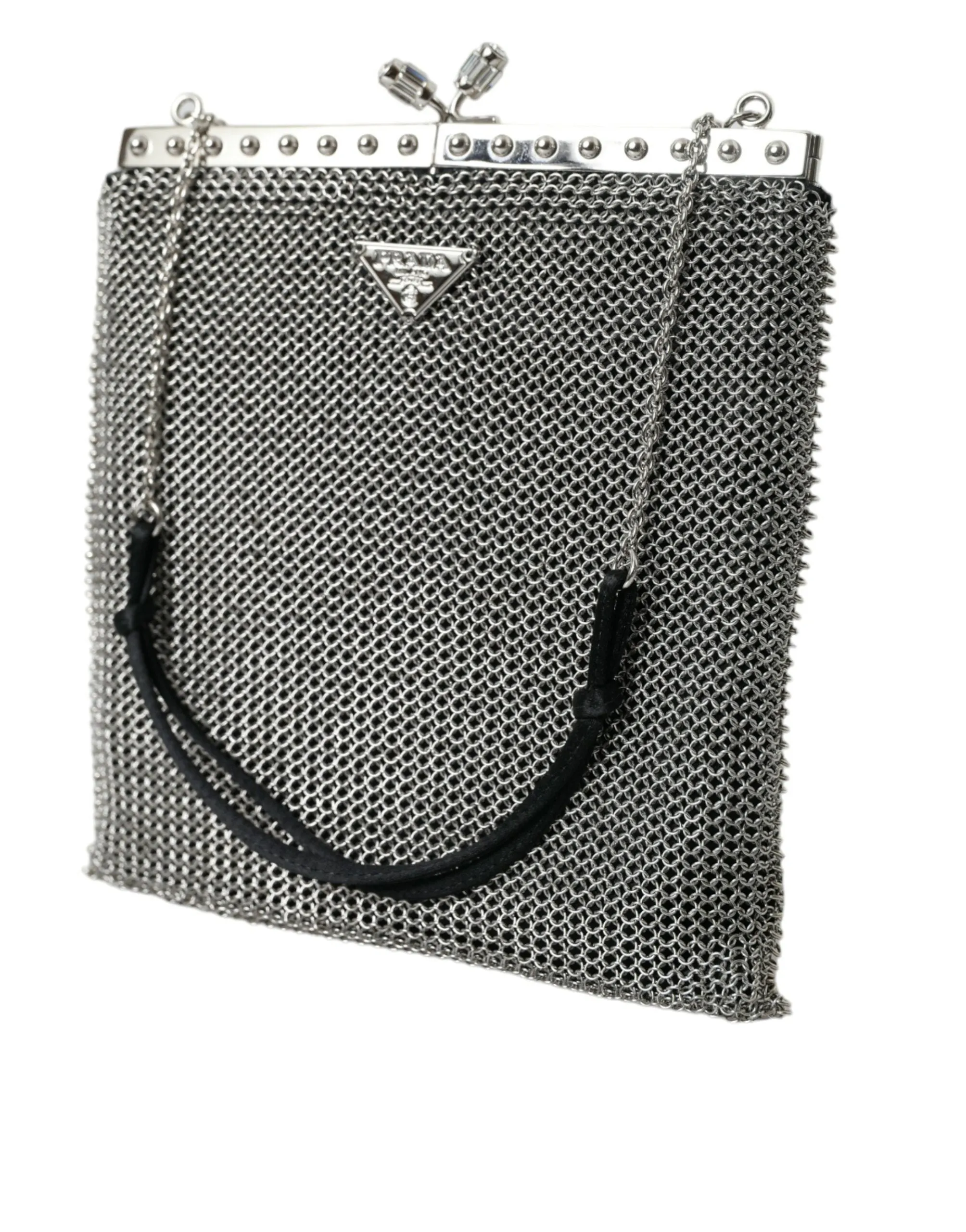 Prada Elegant Mesh Shoulder Evening Silver Bag