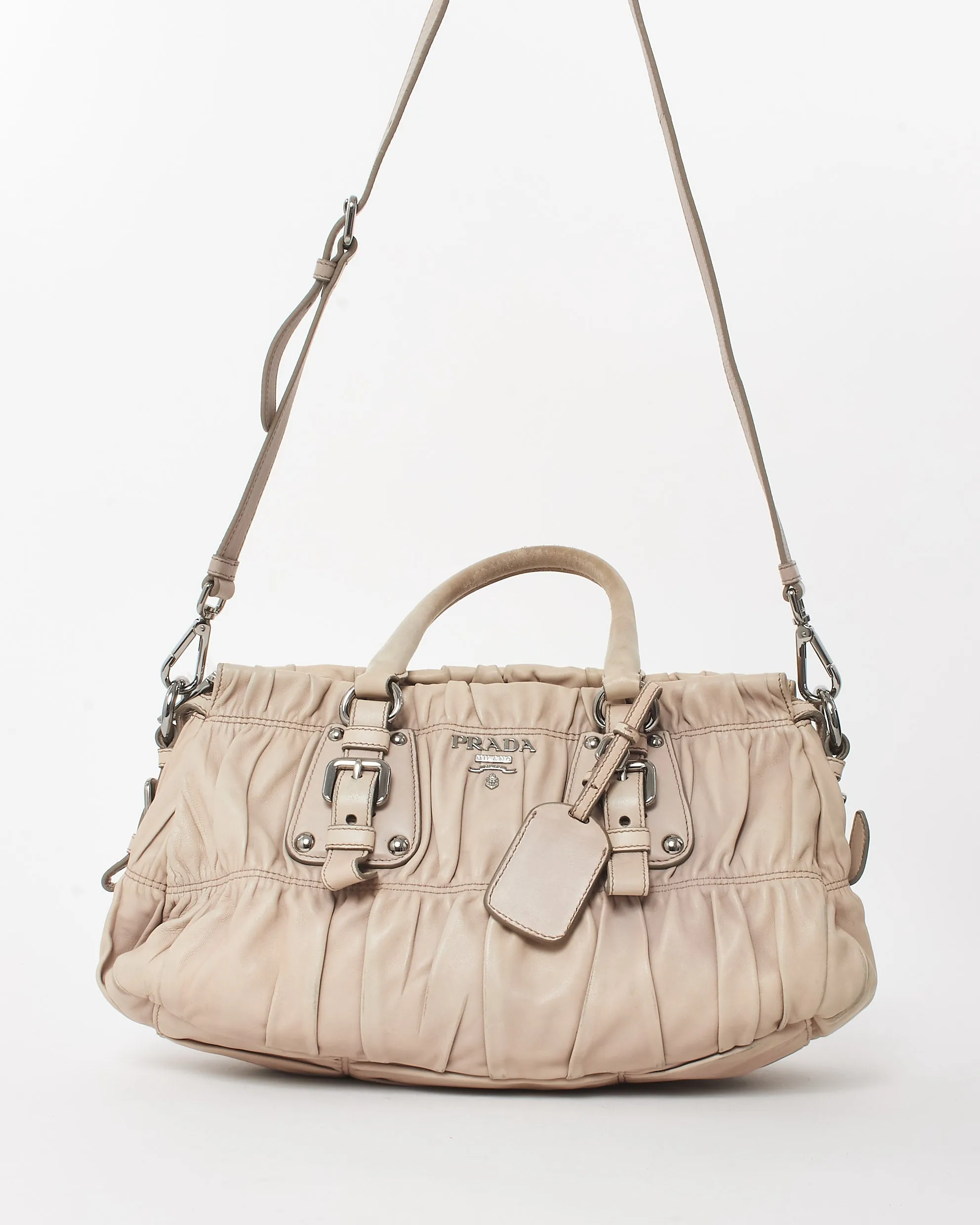Prada Ivory Ruched Ruffle Gaufre Leather Top Handle Bags