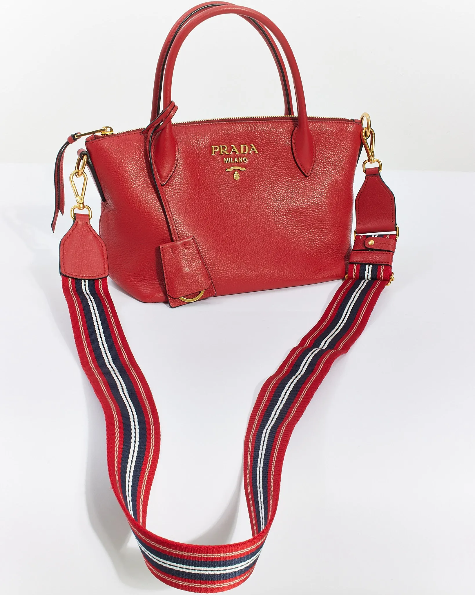 Prada Red Vitello Daino Leather Convertible Tote with Strap