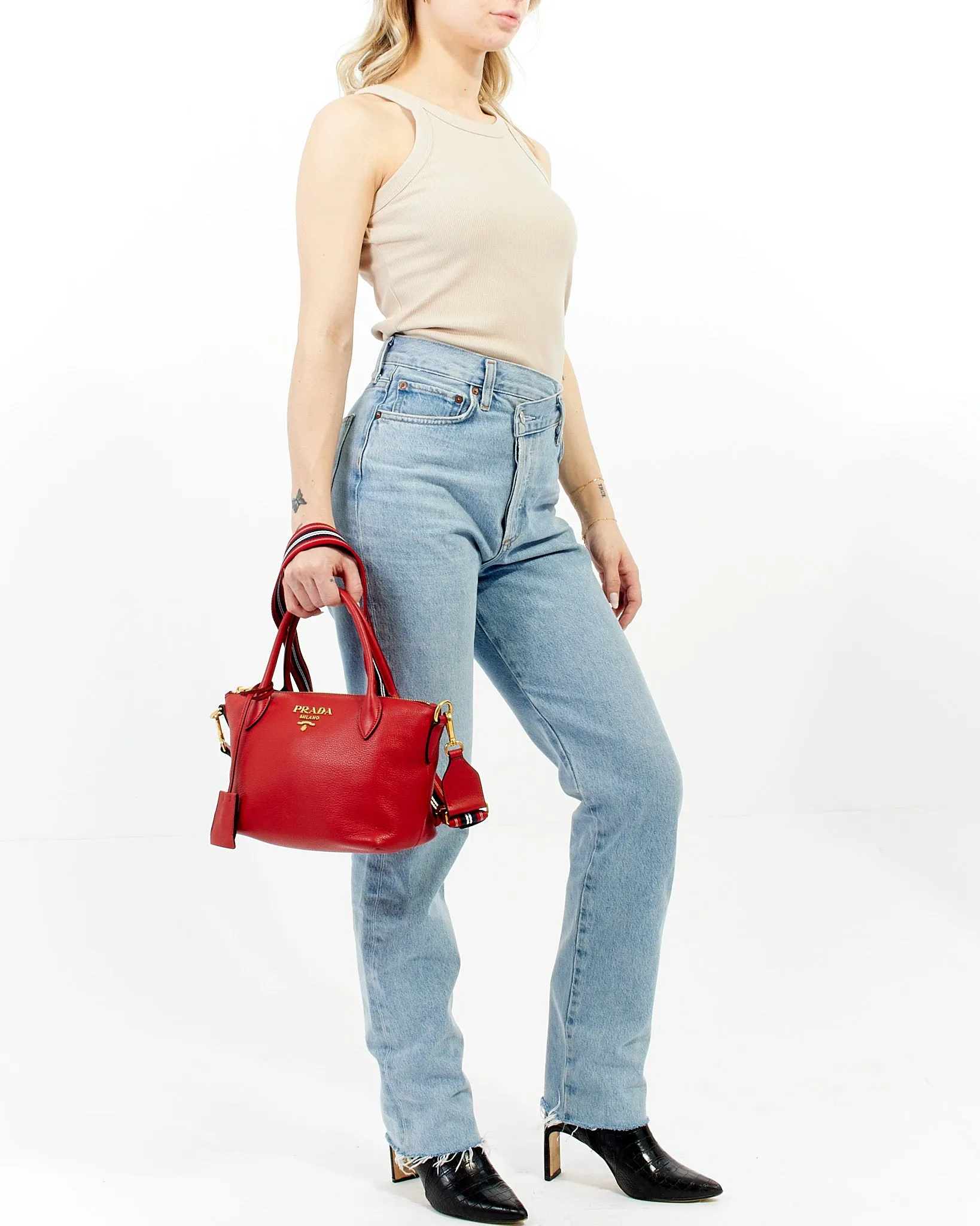 Prada Red Vitello Daino Leather Convertible Tote with Strap
