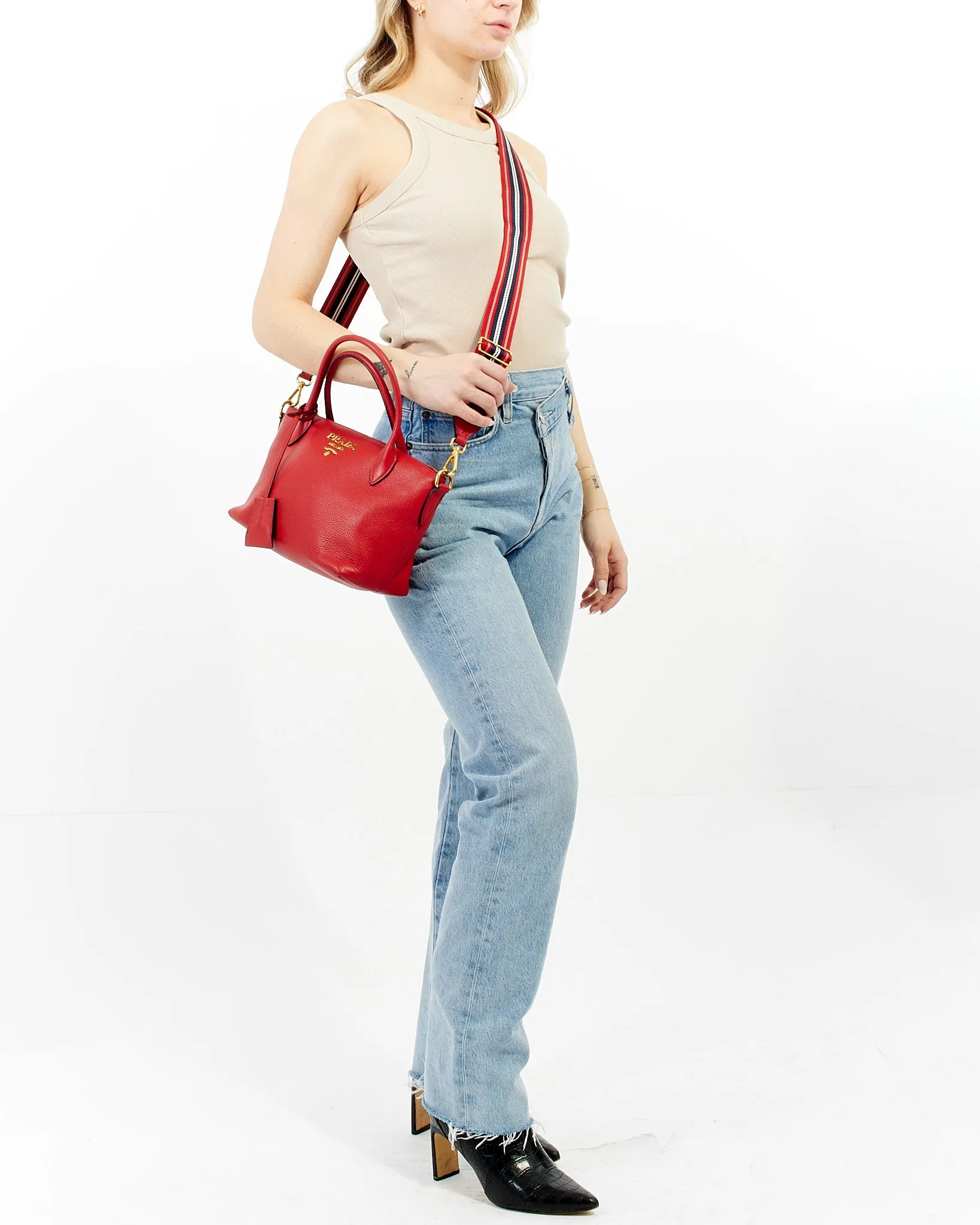 Prada Red Vitello Daino Leather Convertible Tote with Strap