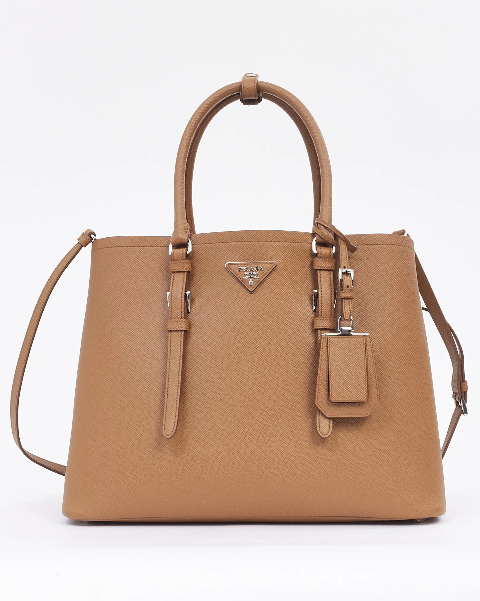 Prada Tan Saffiano Leather Medium Double Tote Bag