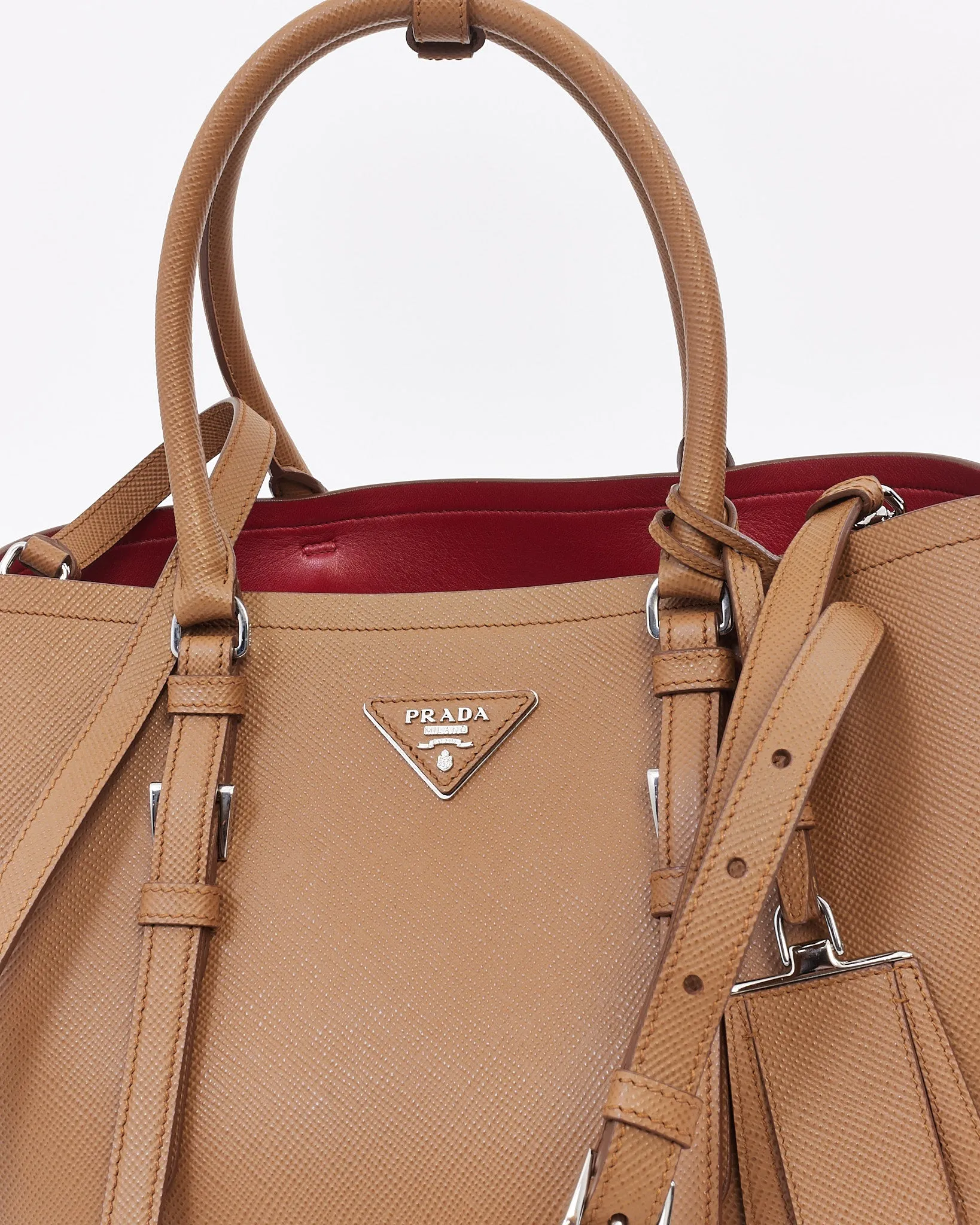 Prada Tan Saffiano Leather Medium Double Tote Bag