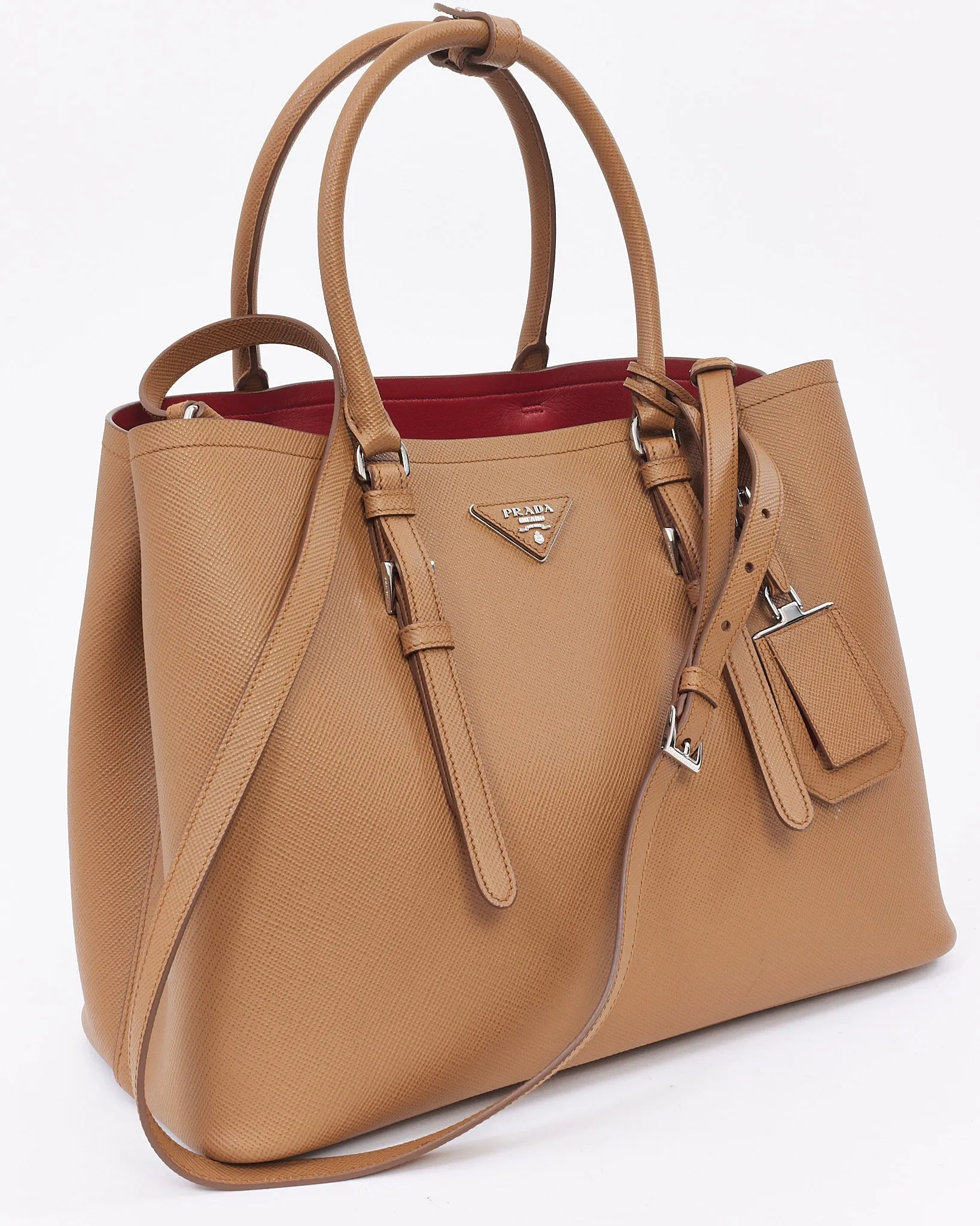 Prada Tan Saffiano Leather Medium Double Tote Bag