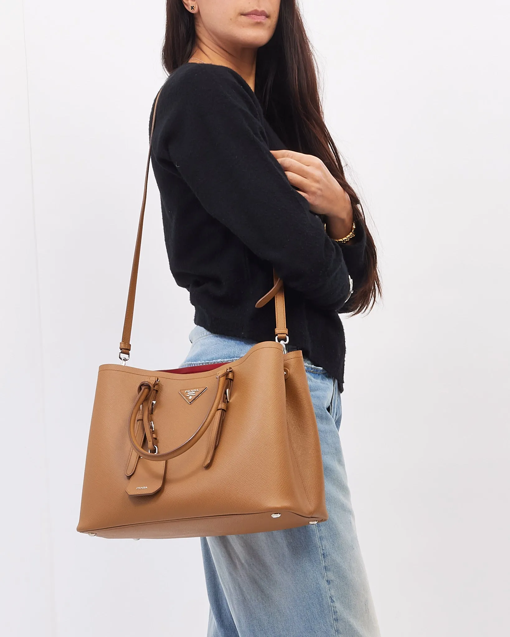 Prada Tan Saffiano Leather Medium Double Tote Bag