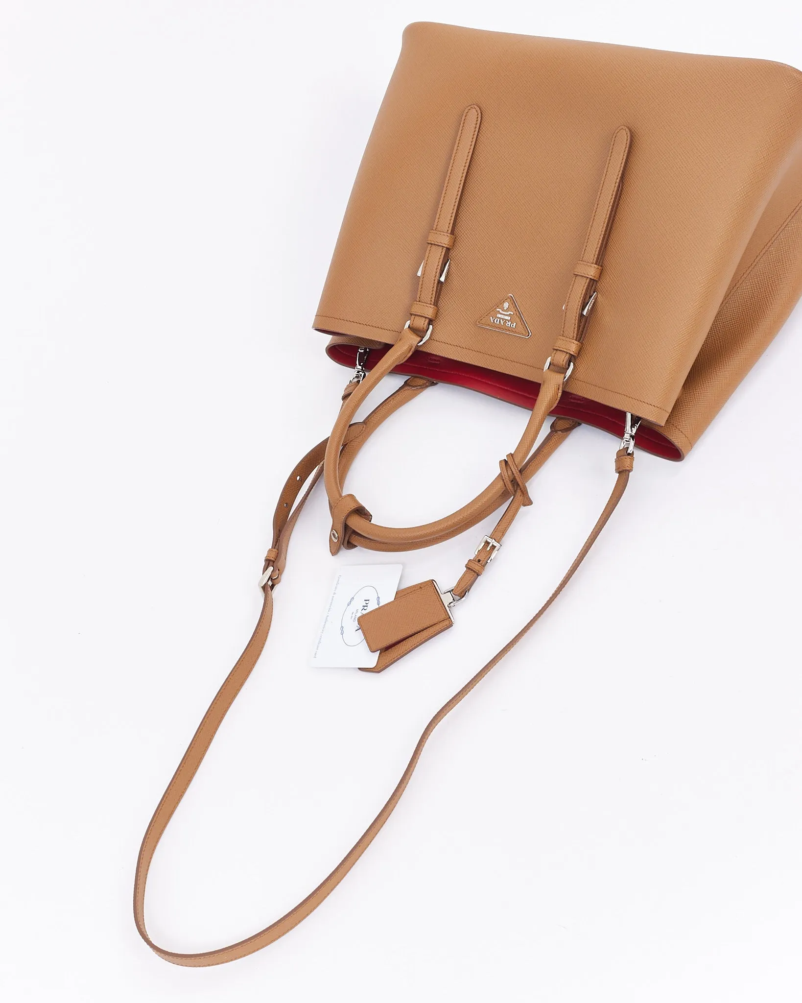 Prada Tan Saffiano Leather Medium Double Tote Bag