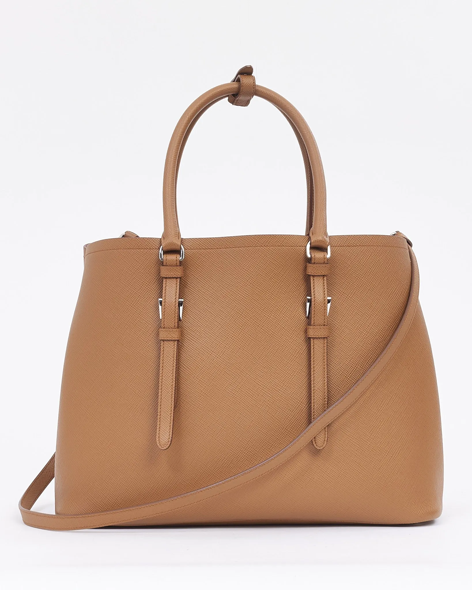 Prada Tan Saffiano Leather Medium Double Tote Bag