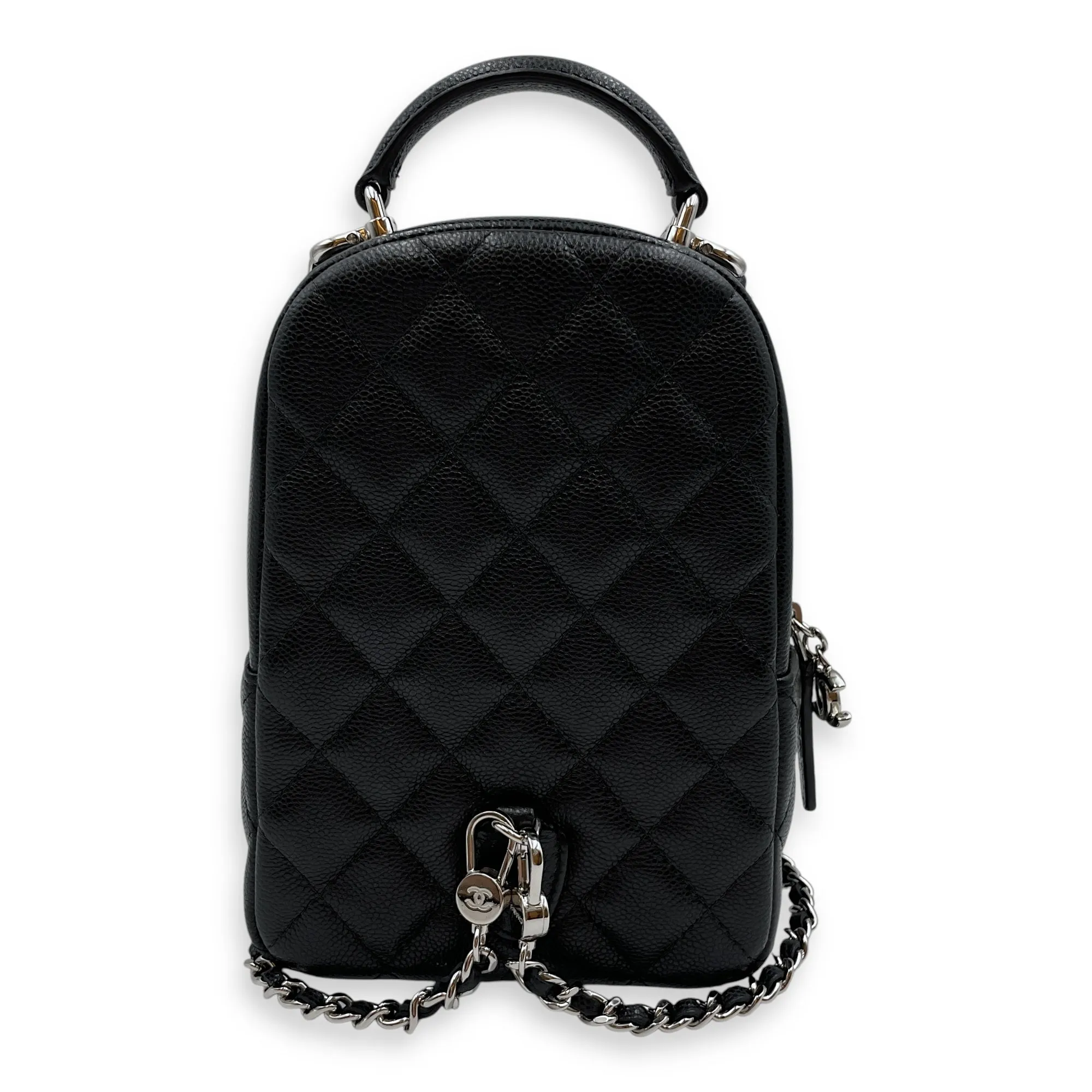 Quilted Mini Black Backpack in Caviar, Silver hardware