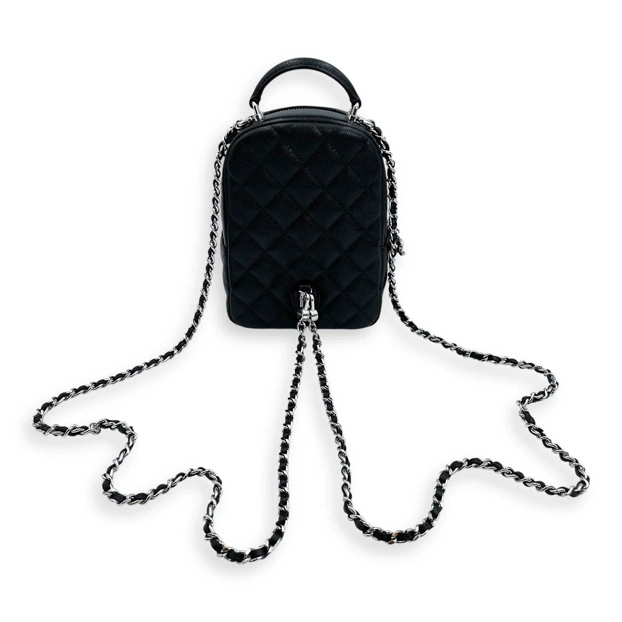 Quilted Mini Black Backpack in Caviar, Silver hardware