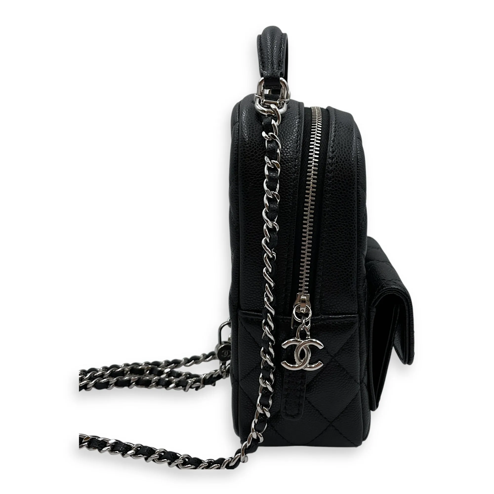 Quilted Mini Black Backpack in Caviar, Silver hardware