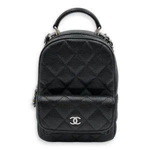 Quilted Mini Black Backpack in Caviar, Silver hardware