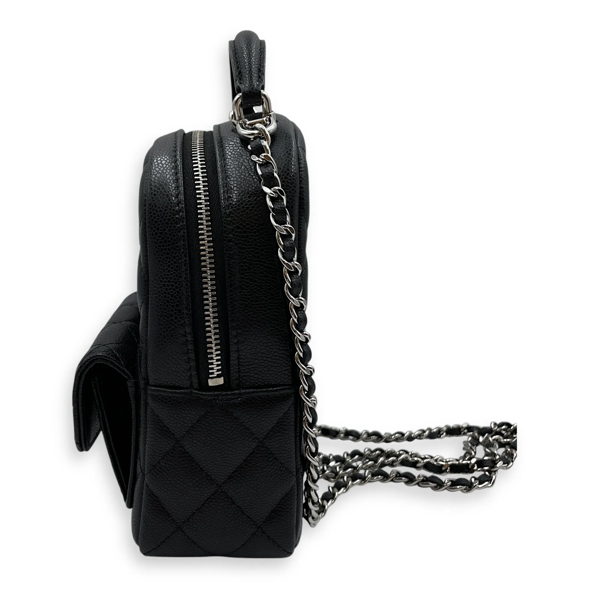 Quilted Mini Black Backpack in Caviar, Silver hardware