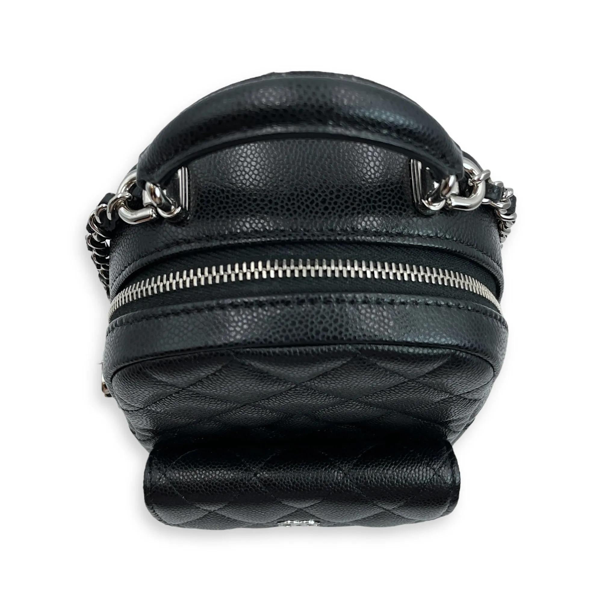 Quilted Mini Black Backpack in Caviar, Silver hardware