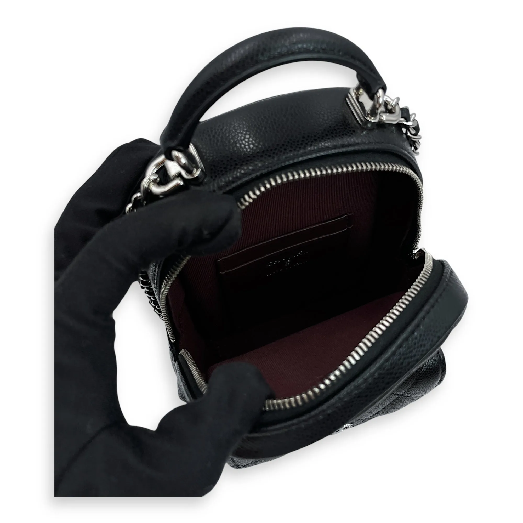 Quilted Mini Black Backpack in Caviar, Silver hardware