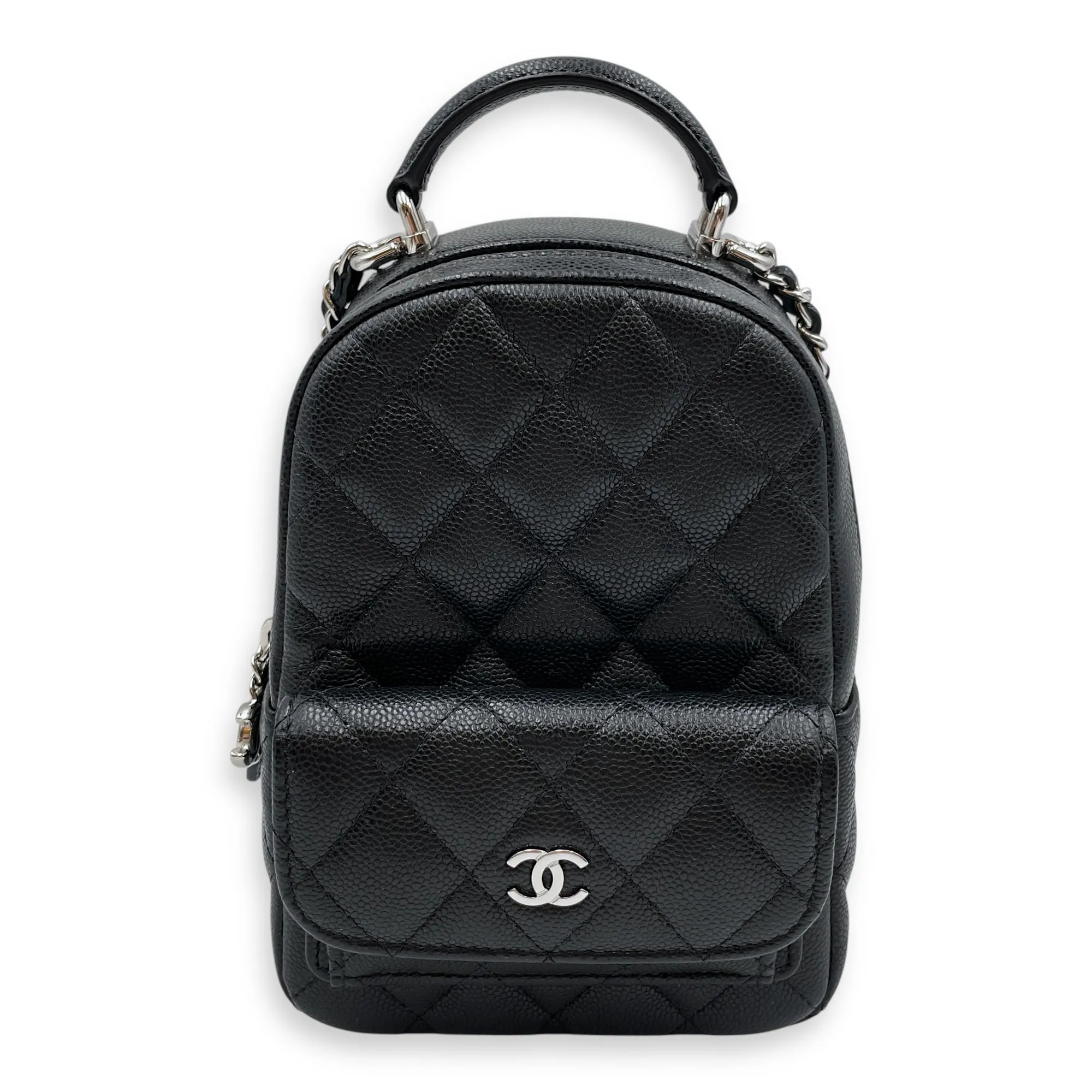 Quilted Mini Black Backpack in Caviar, Silver hardware