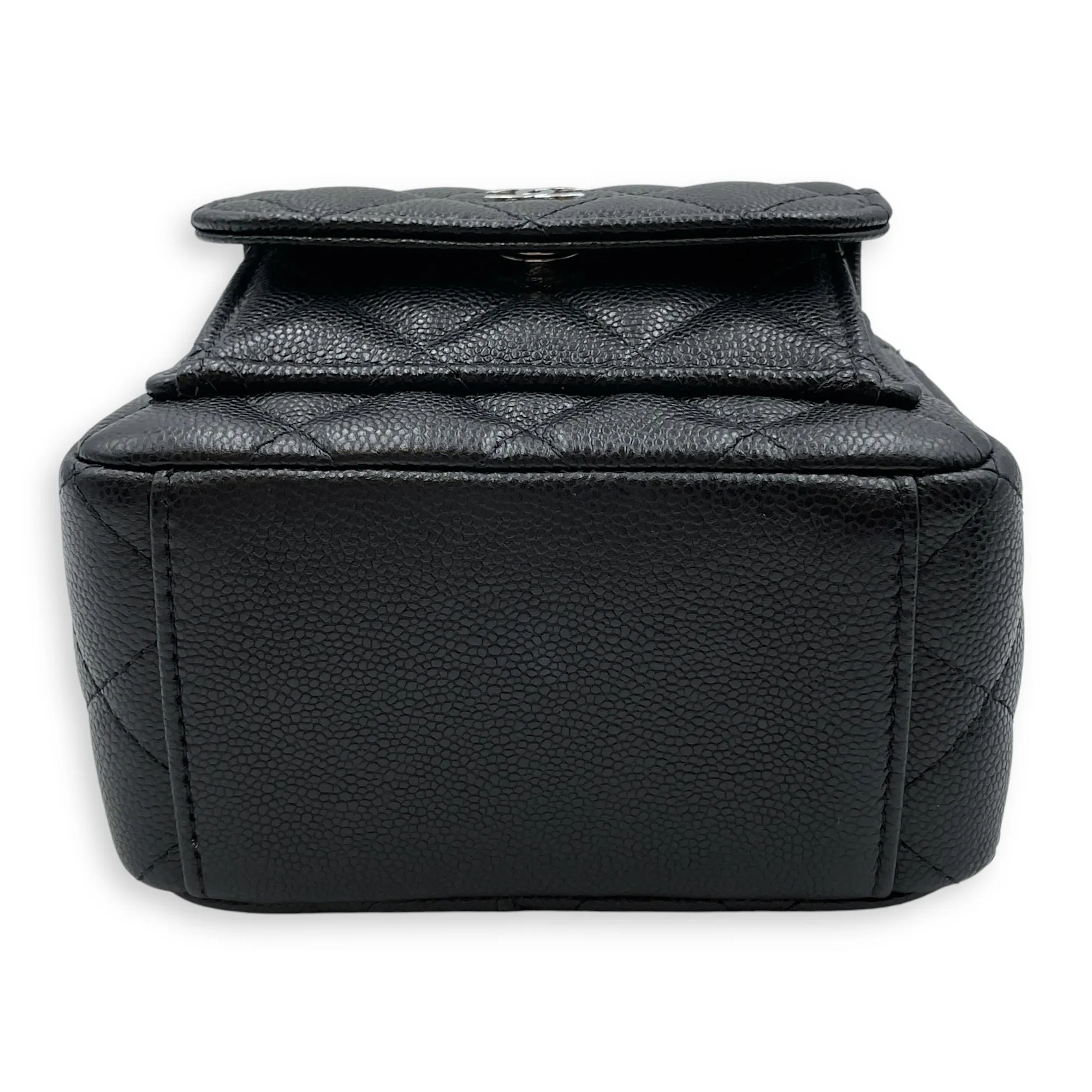 Quilted Mini Black Backpack in Caviar, Silver hardware