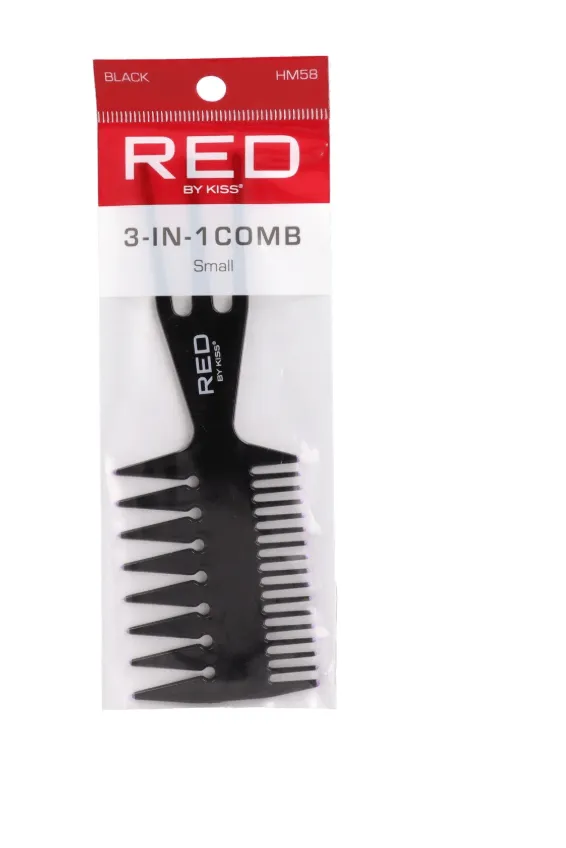 Red by Kiss 3-in-1 Comb – Small, Black, Multi-Functional for Styling, Parting & Detangling | HM58 | Compact & Travel-Friendly