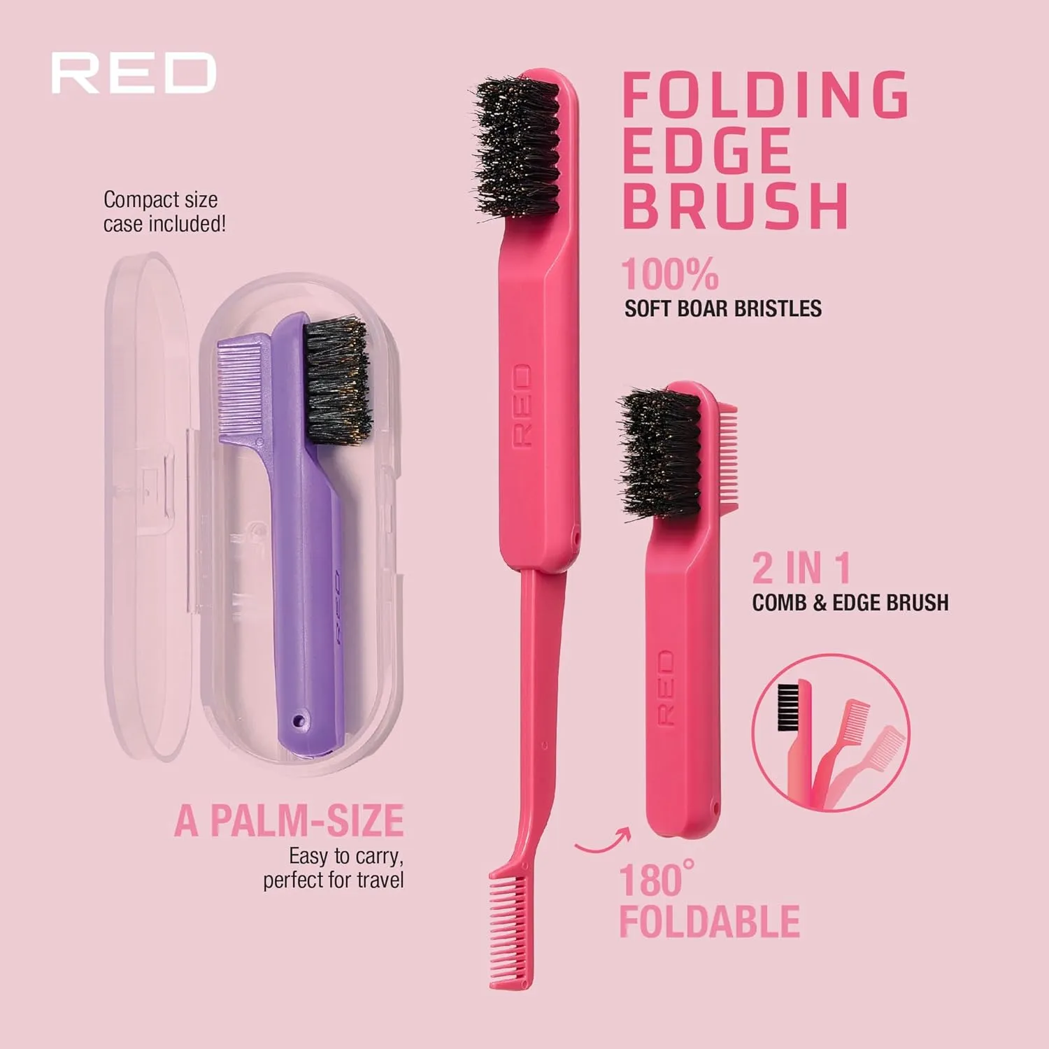 Red by Kiss Edge Fold Travel Size HH118 – Folding Edge Brush for Baby Hairs & Touch-Ups | Compact & Portable
