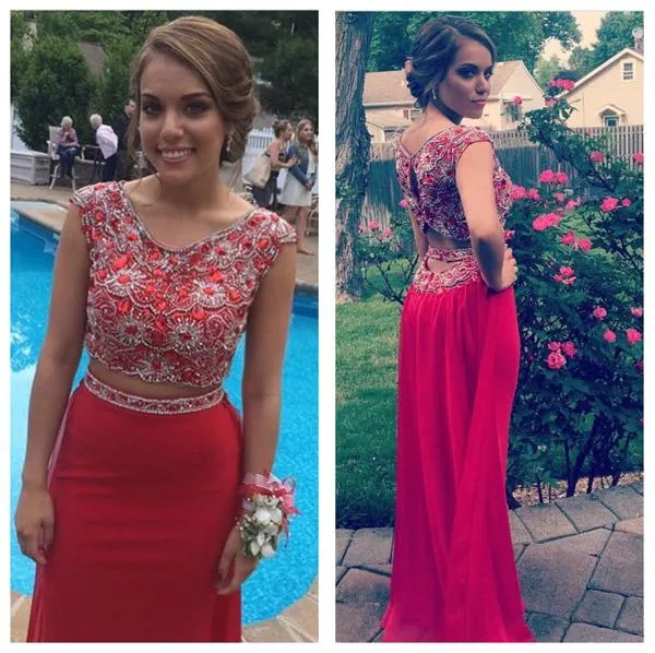 Red Mermaid Beaded Two Pieces Long Prom Dresses, Formal Dress, MP358