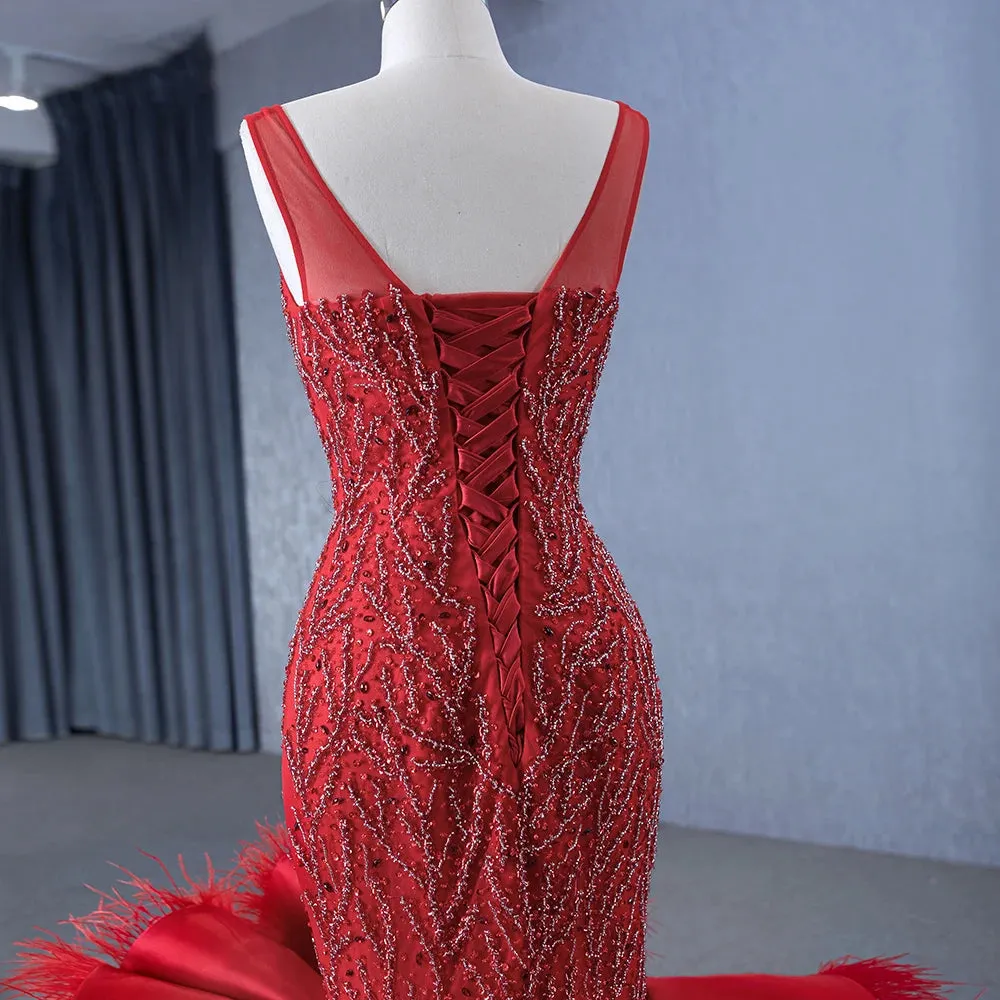 Red Princess Mermaid Beading Evening Dress Ruffles Party Dress
