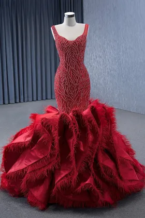 Red Princess Mermaid Beading Evening Dress Ruffles Party Dress