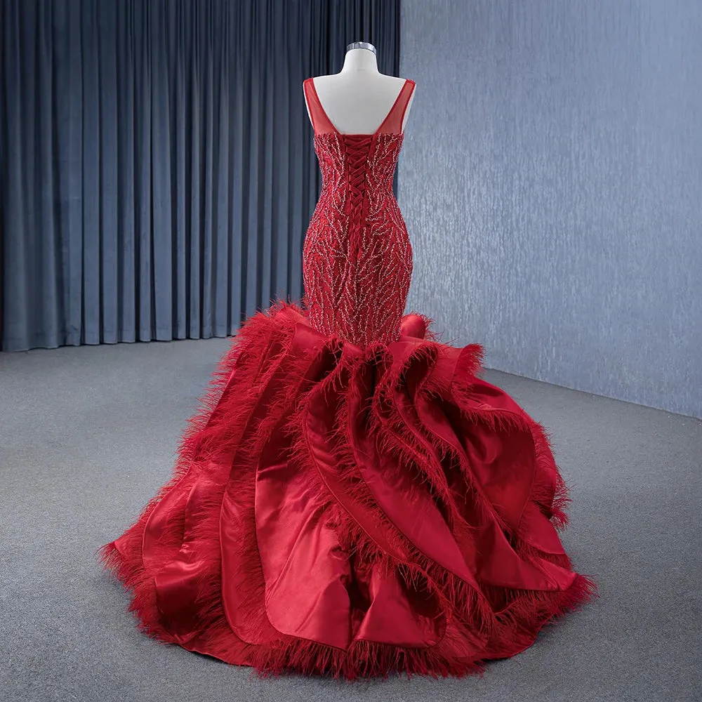 Red Princess Mermaid Beading Evening Dress Ruffles Party Dress