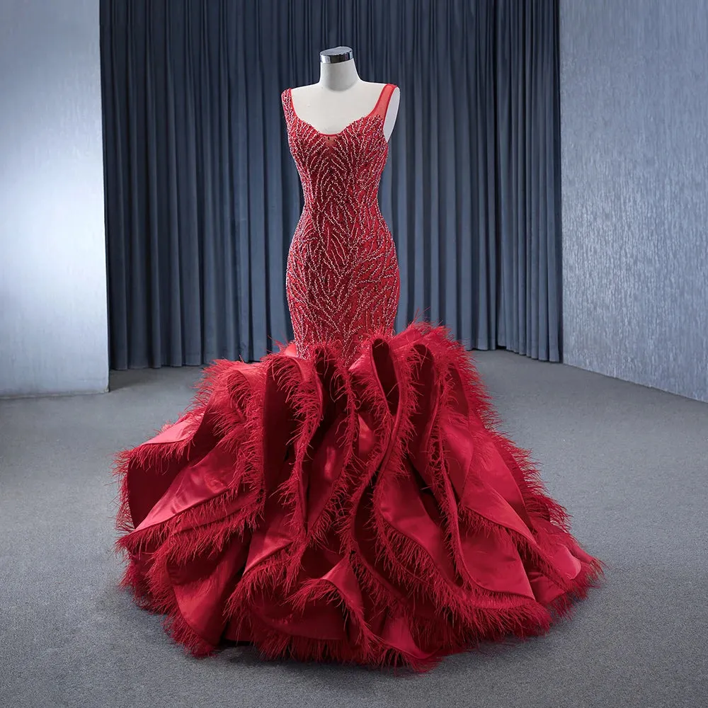 Red Princess Mermaid Beading Evening Dress Ruffles Party Dress