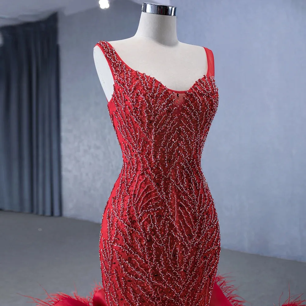 Red Princess Mermaid Beading Evening Dress Ruffles Party Dress